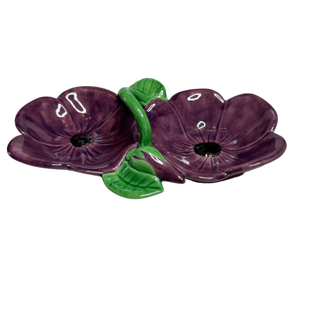 Vintage Purple Amaryllis Divided Candy Dish w/Handle Stamped Holland Mold